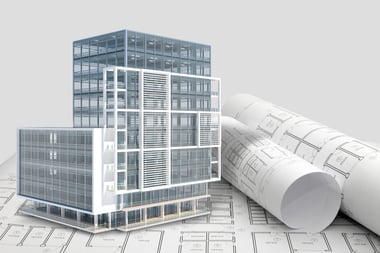3D building image on top of blue prints
