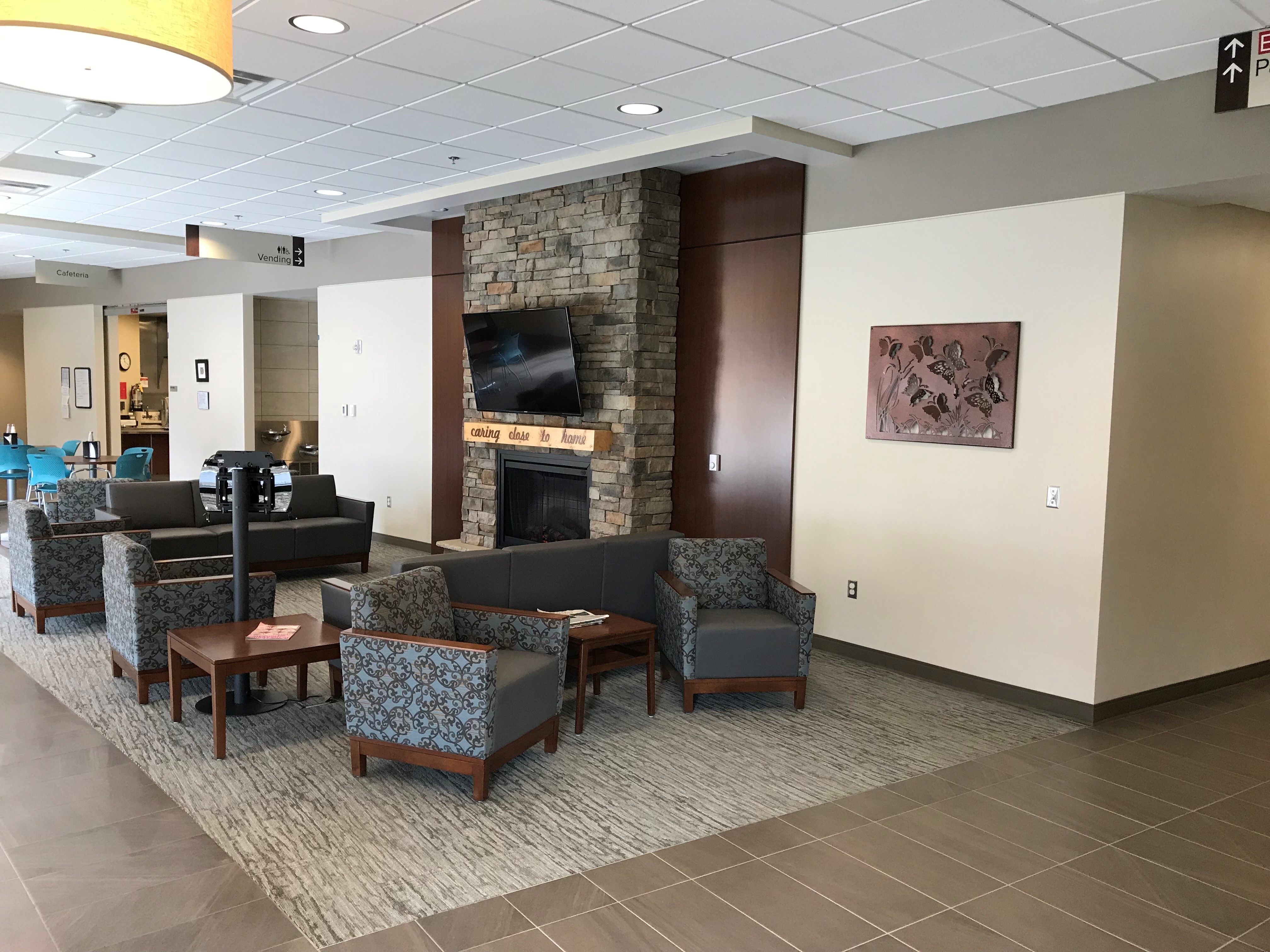 Hawarden Regional Healthcare facility waiting area and fireplace